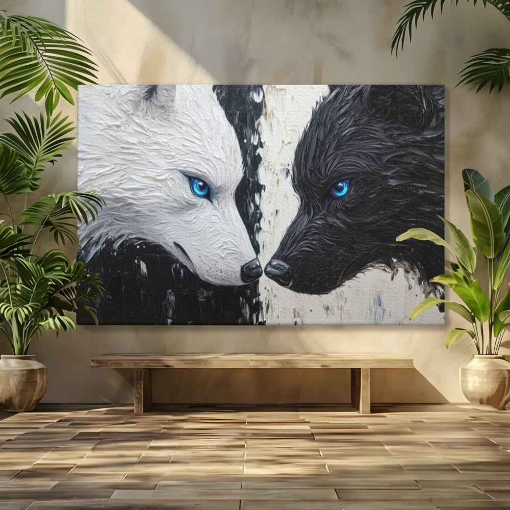 Tablou canvas cu tablou canvas cu doi lupi, fara rama, pe sasiu de lemn